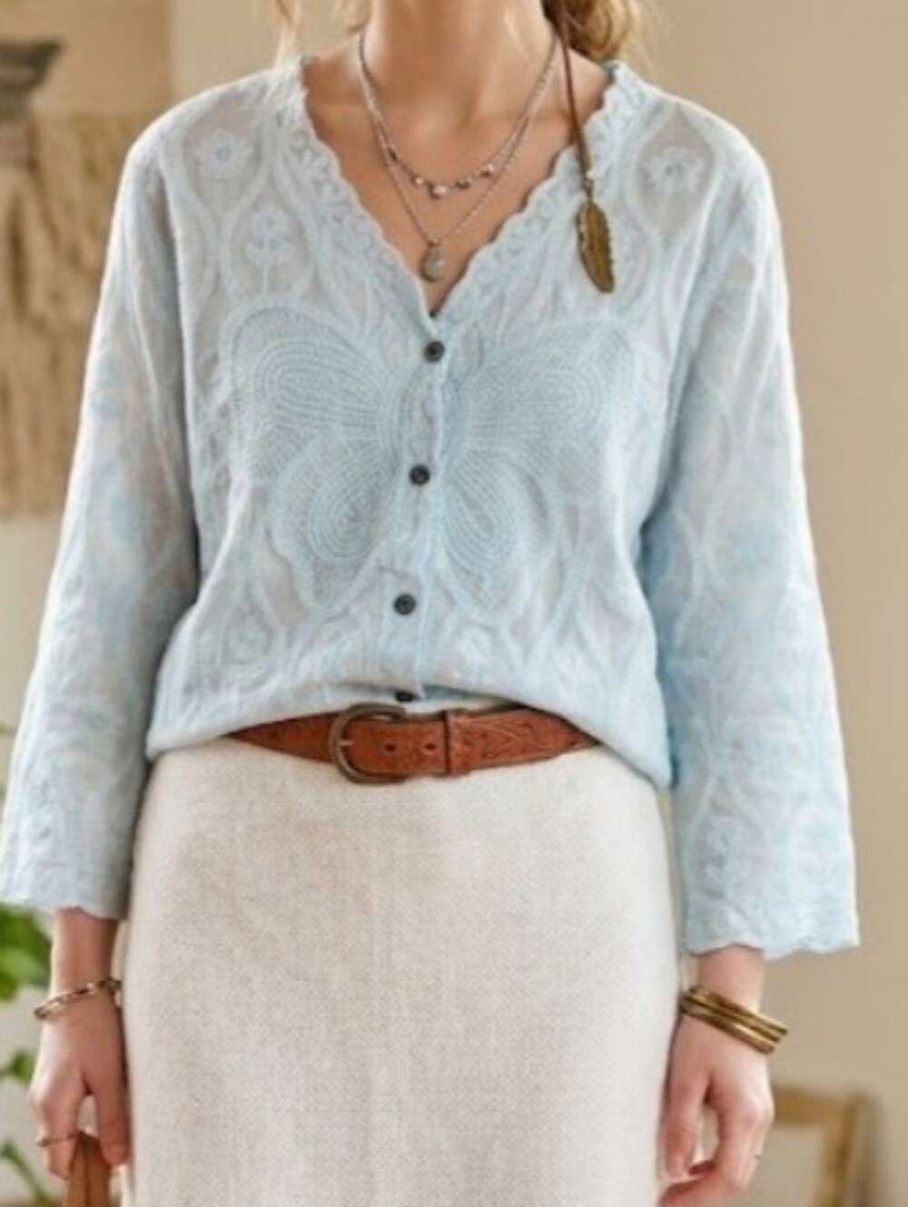Pol Light Blue Cotton Butterfly Embroidery Button Down